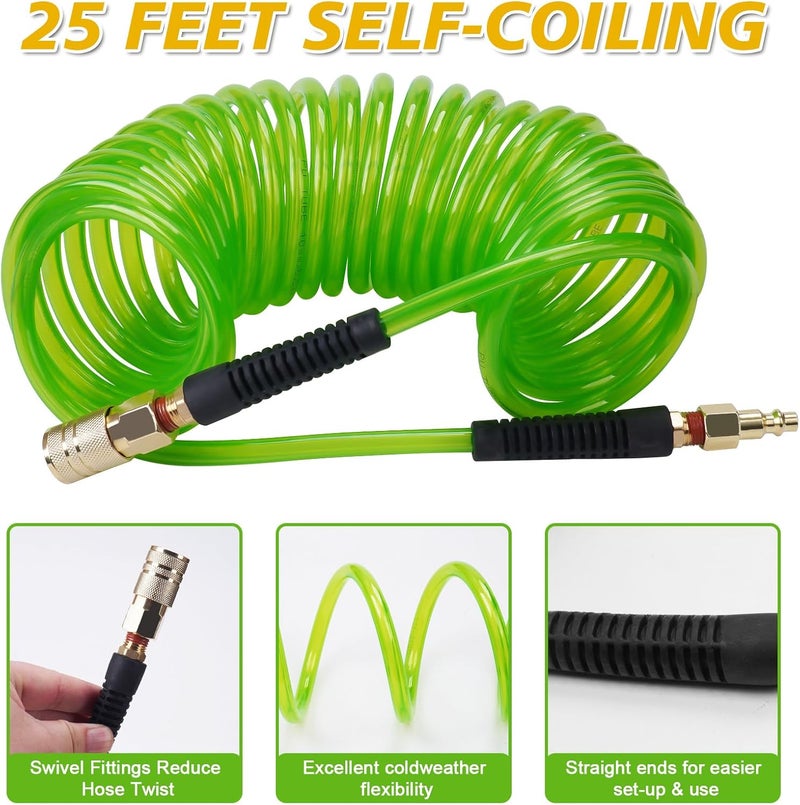 BOTSROOM Air Compressor Hose 1/4 in x 25 ft PU Air Hose Kit with 1/4" Industrial Air Fittings and Bend Restrictors, Working Pressure of 300 PSI, Green - Image 2